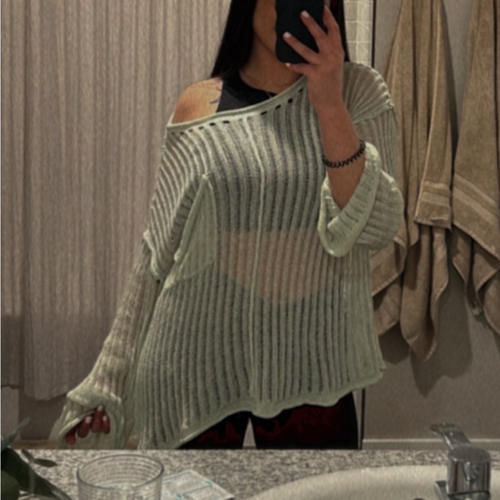 2 Pc Crochet Bell Sleeve Tops Set Boho Swim Coverup White Sage Green M